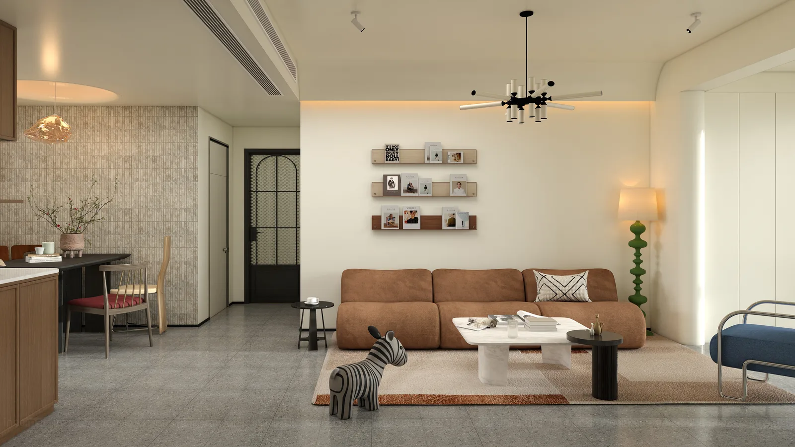 Không gian villa với sàn gạch tông đất nung dưới ánh nắng chiều